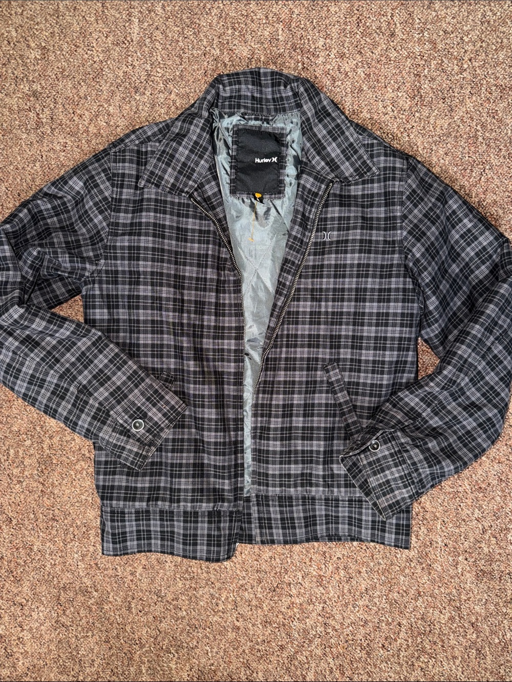 Hurley Black and Gray Plaid Lightweight Zip Jacket